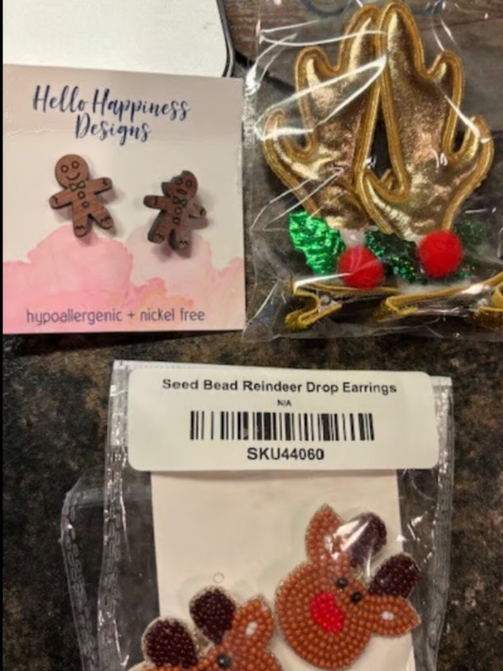 Gingerbread Stud Earrings, Reindeer Drop Earrings and Antler Hair Clips